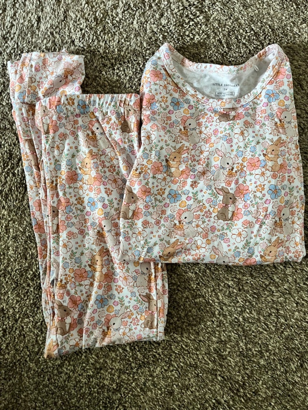 Little Snuggles Girls' Bunny Floral Pajama Set - Cream with Pastel Accents